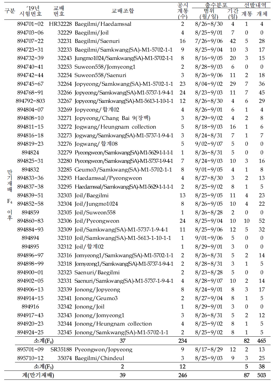 (계속) 출수기·미질 변이 저감 벼 육종소재 개발 위한 F4 이후 계통 공시 및 선발내역
