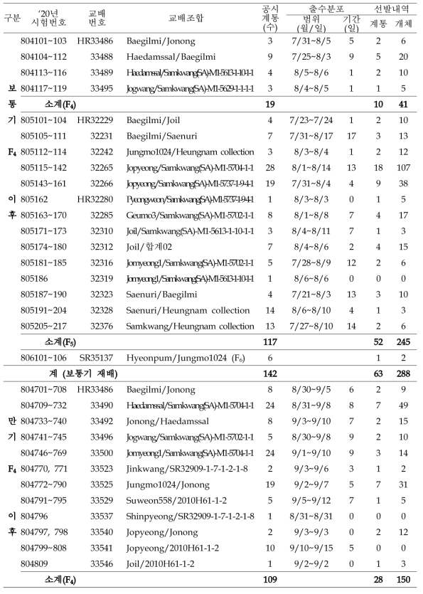 출수기·미질 변이 저감 벼 육종소재 개발 위한 F4 이후 계통 공시 및 선발내역