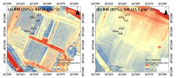열화상카메라 탑재 무인기에서 관측된 지표면온도 그림: (a) 2020년 4월 29일 13시 35분 지표면온도 그림(상대습도: 33%, 절대습도: 6 g/㎥), (b) 2020년 5월 4일 8시 36분 지표면 온도 그림(상대습도: 83%, 절대습도: 13.3 g/㎥)