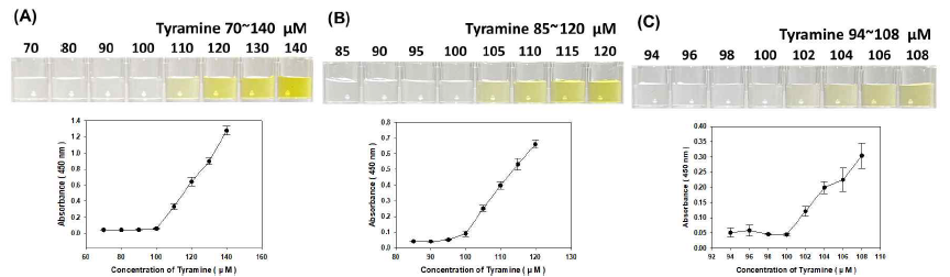 티라민의 농도에 따른 발색 비교 (A) 0.01 mM 간격 (B) 0.005 mM 간격 (C) 0.002 mM 간격