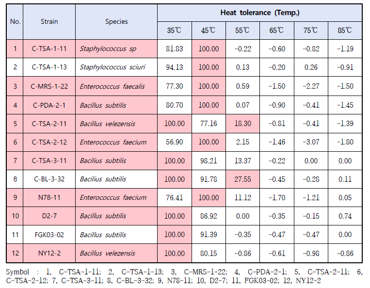 분리균주의 내열성 시험 결과