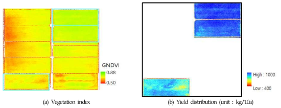 동진찰벼 수잉기 무인비행체 식생지수(GNDVI) 기반 벼 수량 분포 추정지도