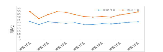 발아 시험 하우스의 평균기온, 최고기온 변화