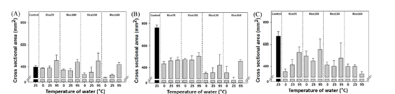 Cross-sectional area of gluten free rice bread (A: 0 h fermentation, B: 2 h fermentation, and C: 4 h fermentation). Control: wheat bread with 100 g (per 100 g of wheat flour) of 25℃ water