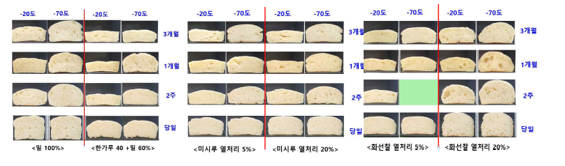 열처리 가루 첨가 비율, 저장온도(-20, -70℃) 및 저장기간(당일, 2주, 1개월, 3개월)별 피자반죽 단면