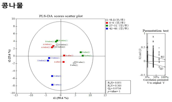 콩 종자 가공(발아, 나물용)에 따른 PLS-DA scores scatter plot