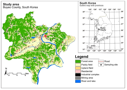 대상지역의 토지이용도 및 하천퇴적토 채취 지점