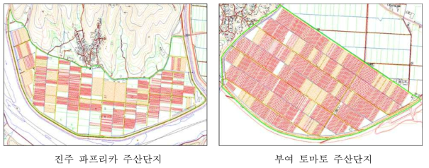 주산단지 수경재배 수경재배 현황 (적색:토경, 황색:수경)