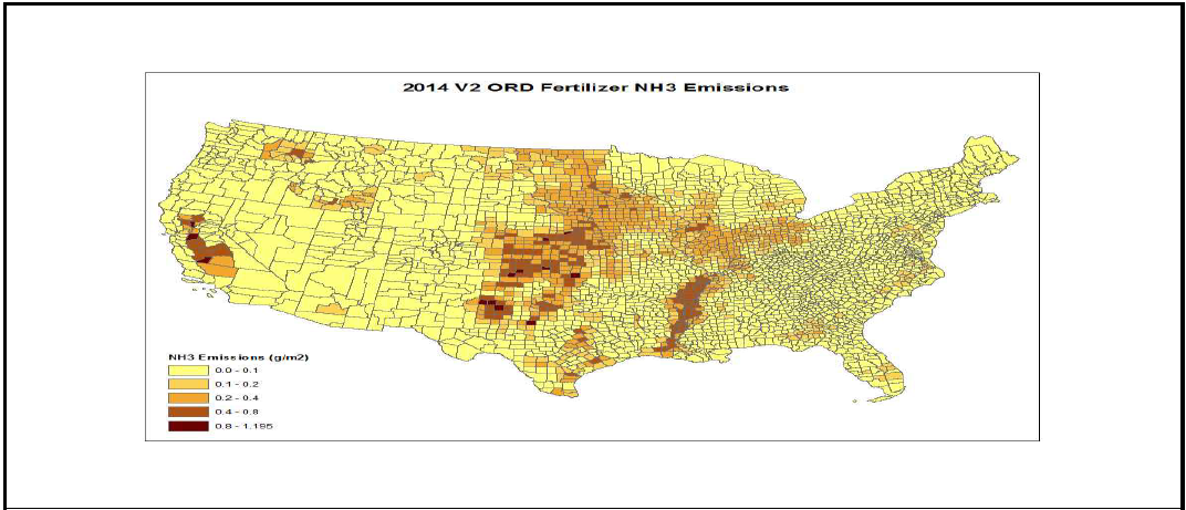 모델을 이용해 산출된 2014년 미국 지역별 암모니아 배출량. ※ 자료: EPA(2018), 2014 National Emissions Inventory, version 2-Technical Support Document