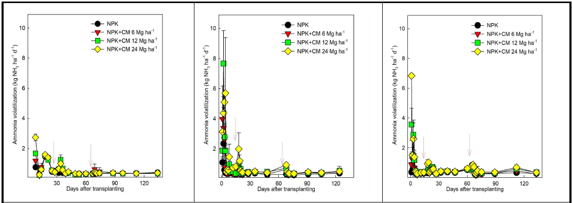 벼 재배기간 중 암모니아 배출 특성. 2019년(좌), 2020년(중), 2021년(우): 호남(순천)