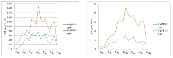 시설하우스 내부와 외부의 광강도 분포 (2021.9.16.)