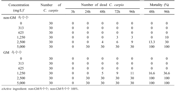 잉어의 급성독성으로 인한 누적 치사율