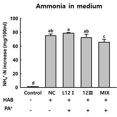 The changes of ammonia in growth of HAB+L12Ⅰ, 12Ⅲ and mixed bacteria in minimal medium added with urea for single nitrogen source after 24h. *PA : Pediococcus acidilactici. Different letters indicate significant differences at p<0.05