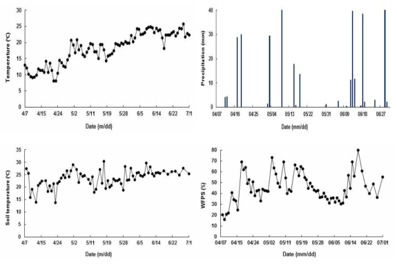 봄배추 재배기간 중 평균기온, 강수량, 토양온도 및 공극내 수분함량(WFPS)변화
