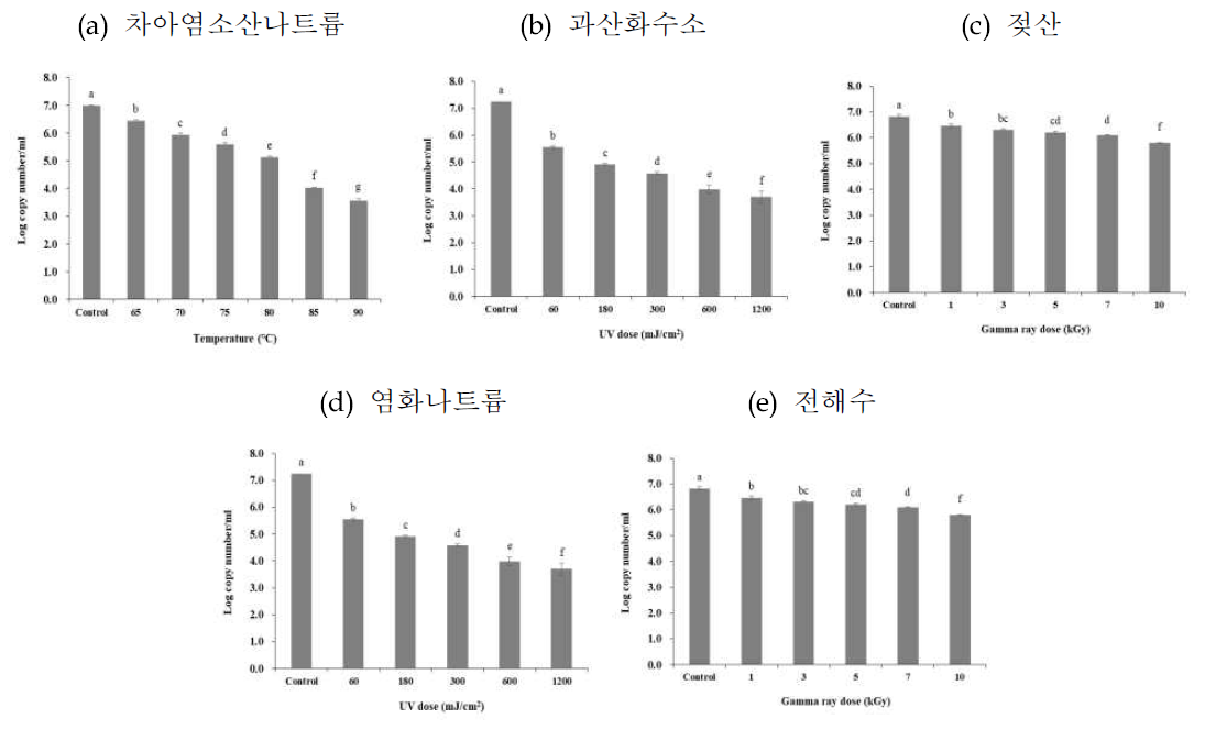 사람노로바이러스에 대한 (a) 차아염소산나트륨, (b) 과산화수소, (c) 젖산, (d) 염화나트륨, (e) 전해수 등 화학적 처리의 효과