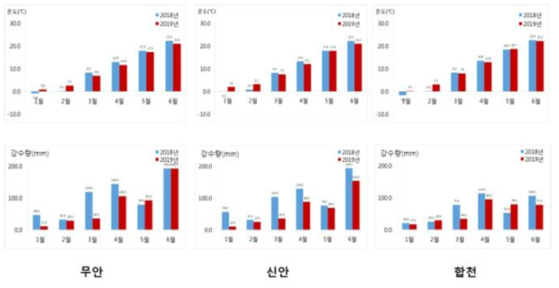 양파, 마늘 주요 조사지의 날씨 개황(위 : 평균기온, 아래 : 평균 강수량)