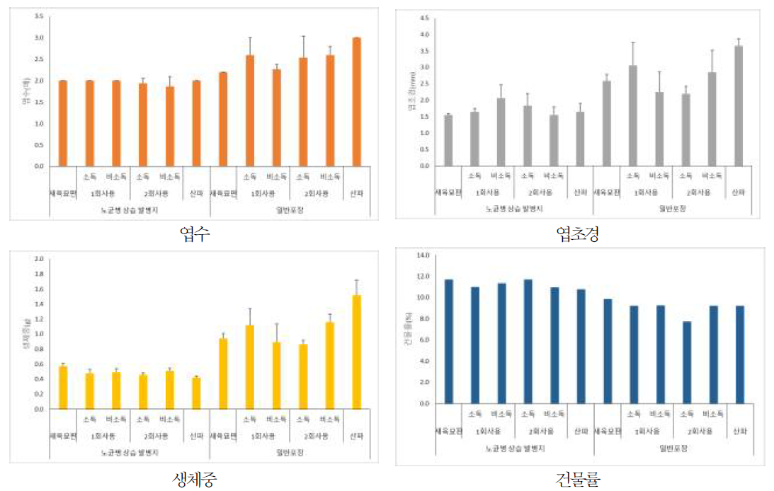 트레이 소독 여부 및 육묘지에 따른 양파 묘소질 조사 결과