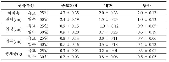 생장상 재배 유채 유묘 생육특성 조사