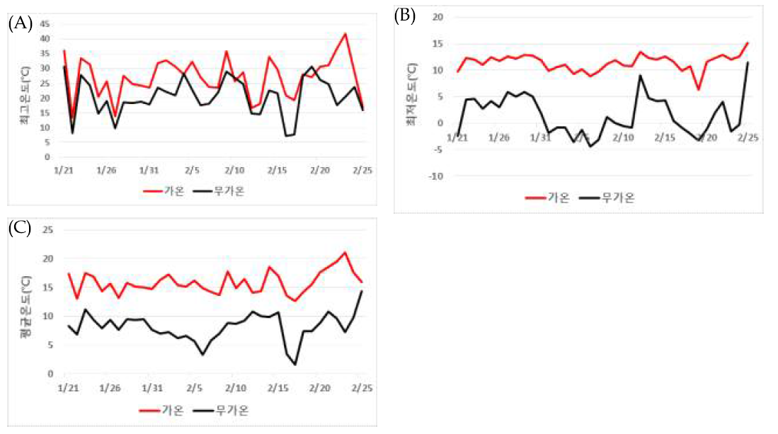 봄재배 가온 및 무가온 하우스 유채 이식 기간 온도 변화. (A): 최고 온도; (B): 최저온도; (C): 평균온도