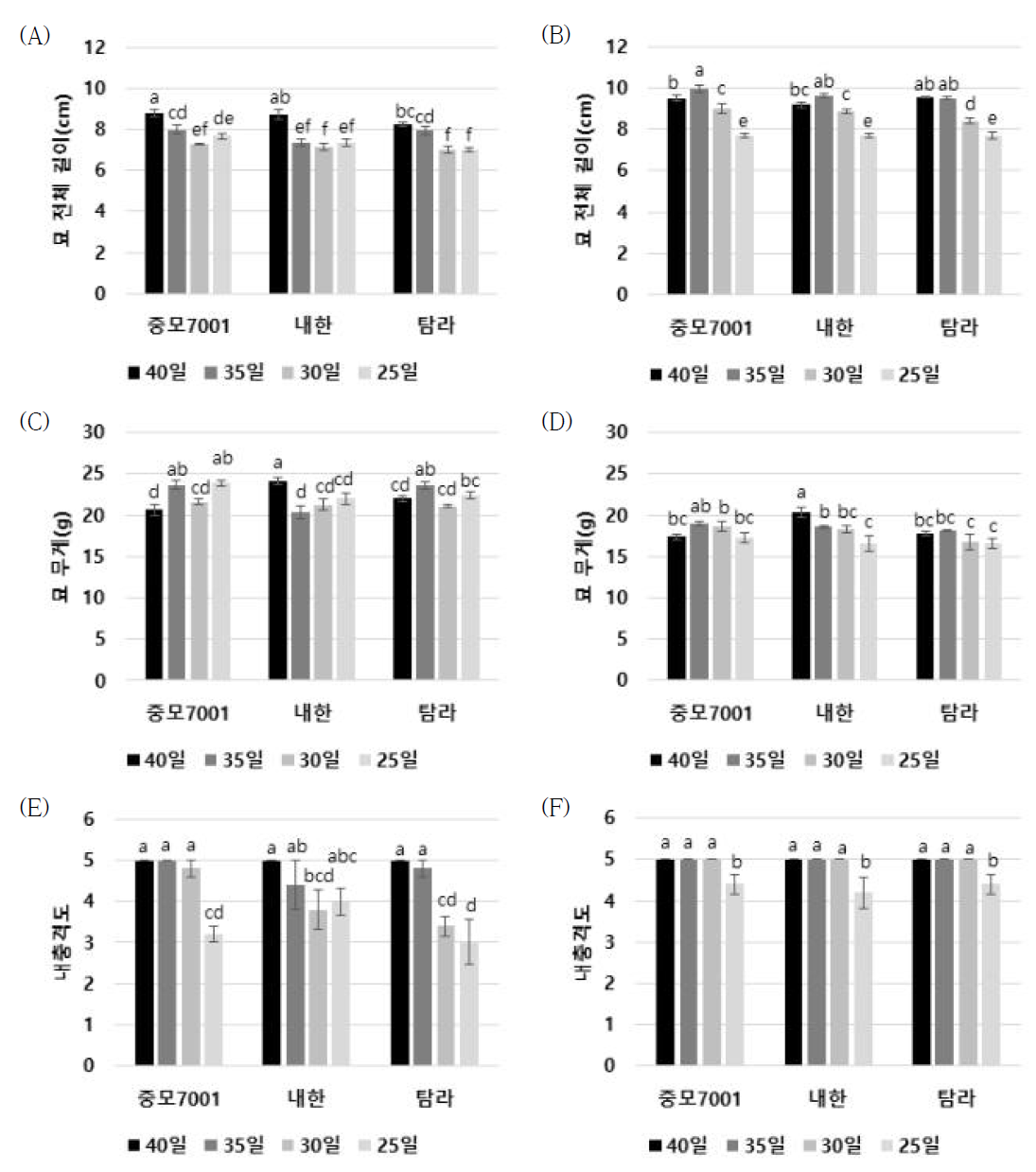 봄재배 1, 2차 이식시기 품종별 육묘 일수에 따른 유채 묘소질 조사. (A)~(B): 묘 전체 길이, (C)~(D): 묘 무게; (E)~(F): 내충격도; (A), (C), (E): 1차 이식을 위한 유채 유묘; (B), (D), (F): 2차 이식을 위한 유채 유묘(Duncan 검정, P<0.05)