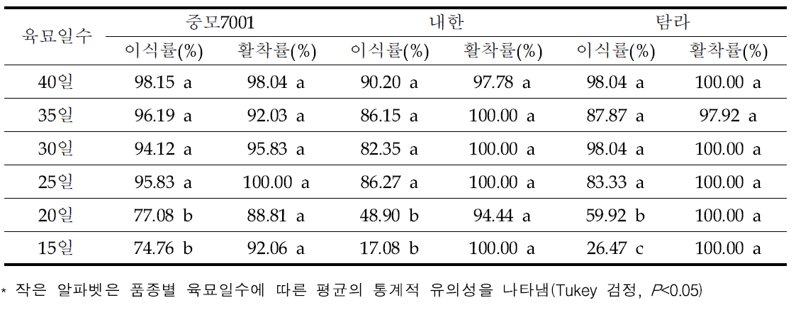 가을재배 노지 육묘 유채 이식률 및 활착률