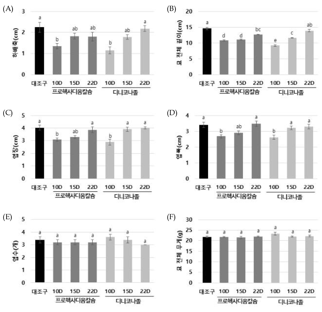가을 재배 시기별 2차 생장조절제 처리 후 유채 유묘 특성. (A): 하배축 길이; (B): 묘 전체 길이; (C): 엽장; (D): 엽폭; (E): 엽수; (F): 묘 무게. 작은 알파벳은 처리 간 평균의 통계적 유의성을 나타냄(Tukey 검정, P<0.05)