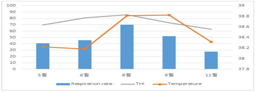 임신우의 월별 호흡수, 체온 및 THI 지수