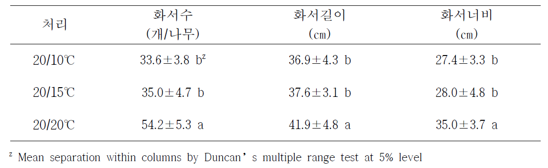 주/야 최저 온도처리별 개화특성