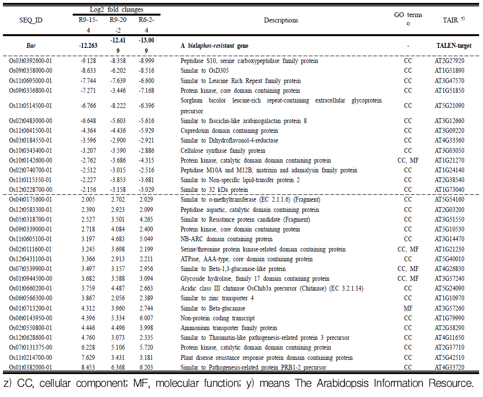 TALEN-free bar-knockout 계통과 recipient 제초제 저항성 벼 Ba15의 transcriptome 비교분석에 나타난 enriched differentially expressed genes (DEGs)에 대한 annotation