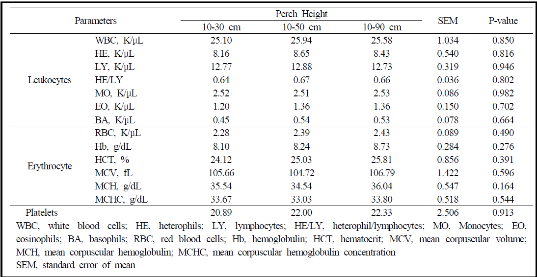 홰 높이 설정에 따른 혈구성분 비교