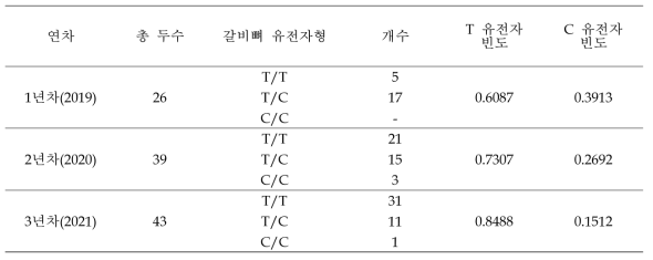 재래흑돼지 후대축 갈비뼈 연관유전자(rs8078783) 빈도 조사