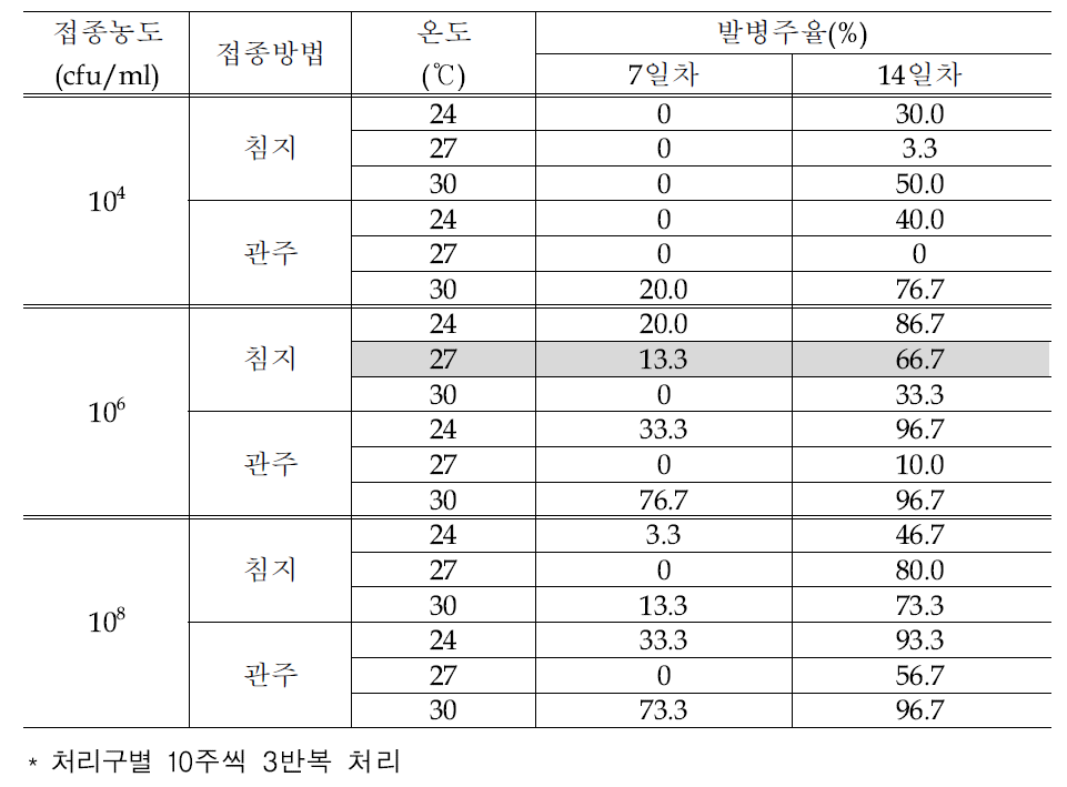 오이 근경썩음병 접종농도·방법·검정온도별 병원성 검정