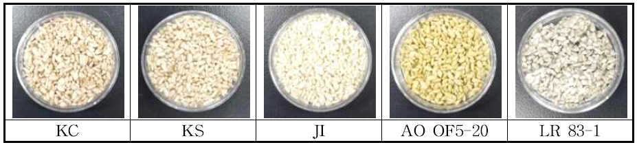 국내외 및 개발 국산 종균을 이용한 쌀누룩 제조 Symbol : KC, CMF; KS, SWF; JI, Japan; AO OF5-20 RDA; LR 83-1, RDA