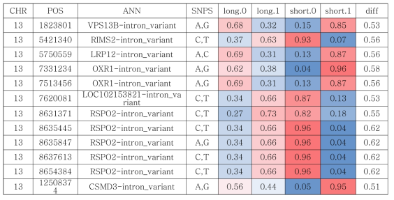 장·단모 간 대립유전자 빈도에 차이를 보이는 SNPs (SNP chip 결과)