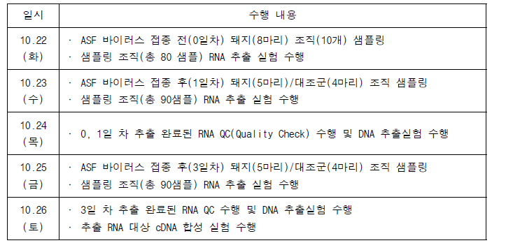 ASFV 감염 본실험(감염 전, 후 0, 1일차) 세부 수행 일정