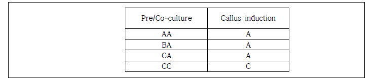 형질전환 방법 II. A: IAA 1mg/L + Zeatin 0.2mg/L; B: IAA 1mg/L; C: 2 4-D 0.5mg/L