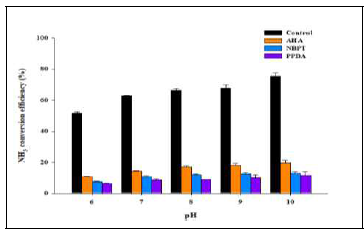 pH 변화에 따른 구조유사체의 암모니아 전환 효율 비교