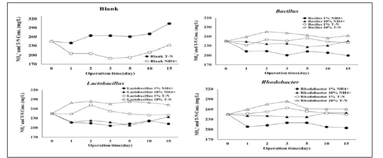미생물제제 1%, 10% 주입시 NH4 + 및 T-N 변화