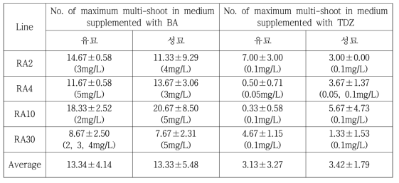 호르몬별 각 계통(RA2, RA4, RA10, RA30)의 경정배양을 통한 최고⦁최저 multi-shoots의 갯수