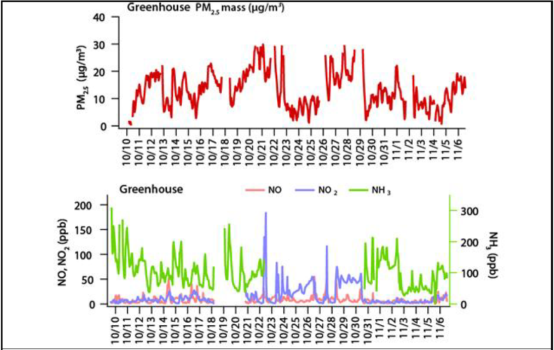 가을철 비닐하우스에서 관측된 일별 PM2.5, NO, NO2, NH3 농도