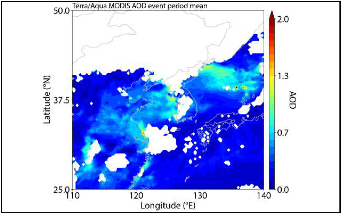 AOD 위성관측 결과, 연구기간 평균(기간 내)이벤트 시점에 해당 지역 에어로졸 정도