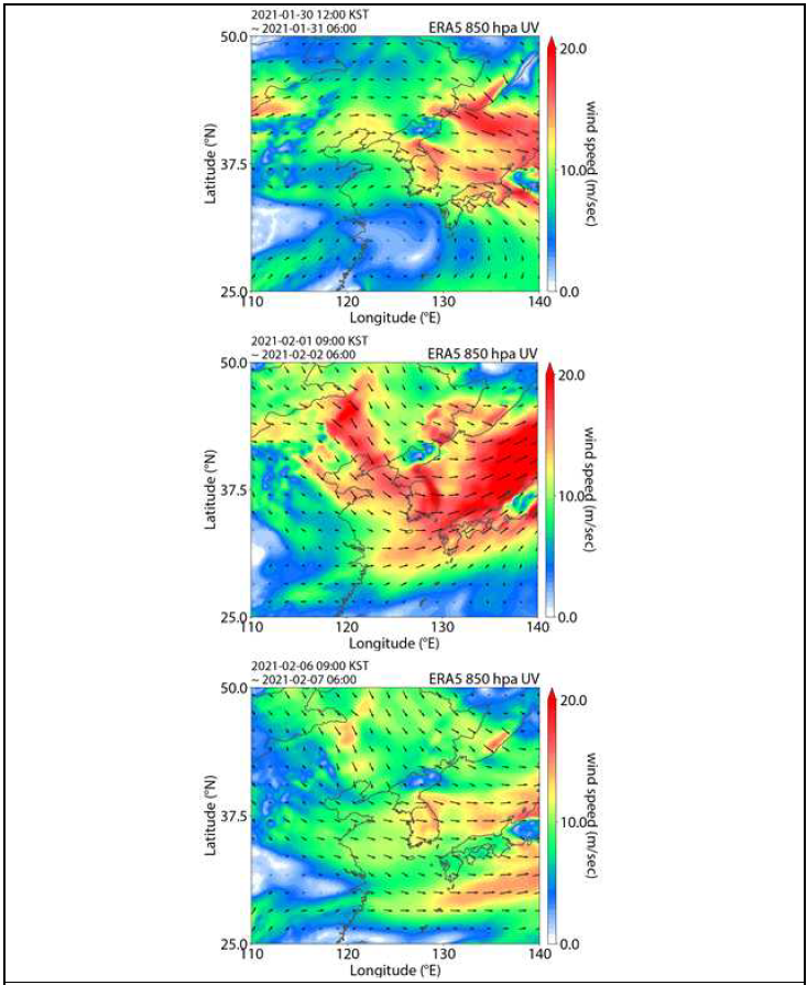 ERA 바람장, 기상장 데이터, 유럽 ECMWF 제공 ERA5, 풍향 풍속