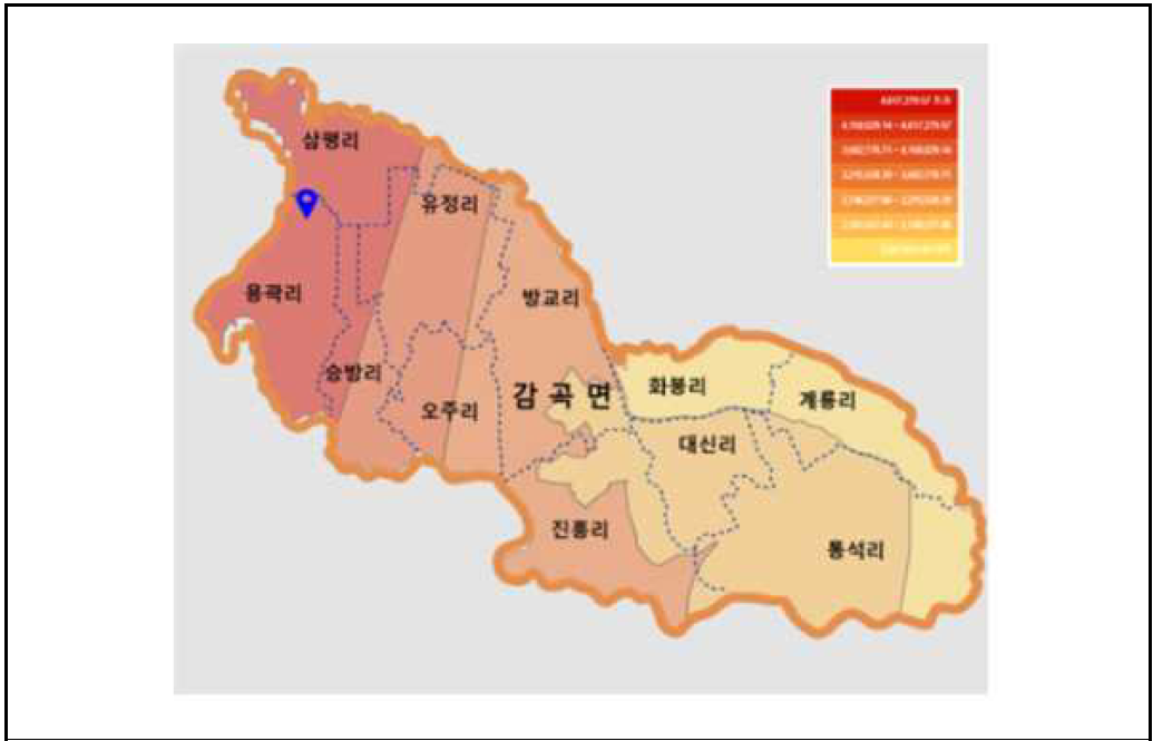 전라북도 정읍시 논 면적 현황 (농림축산식품부, 2019) (논 면적이 높아질수록 적색을 나타냄)