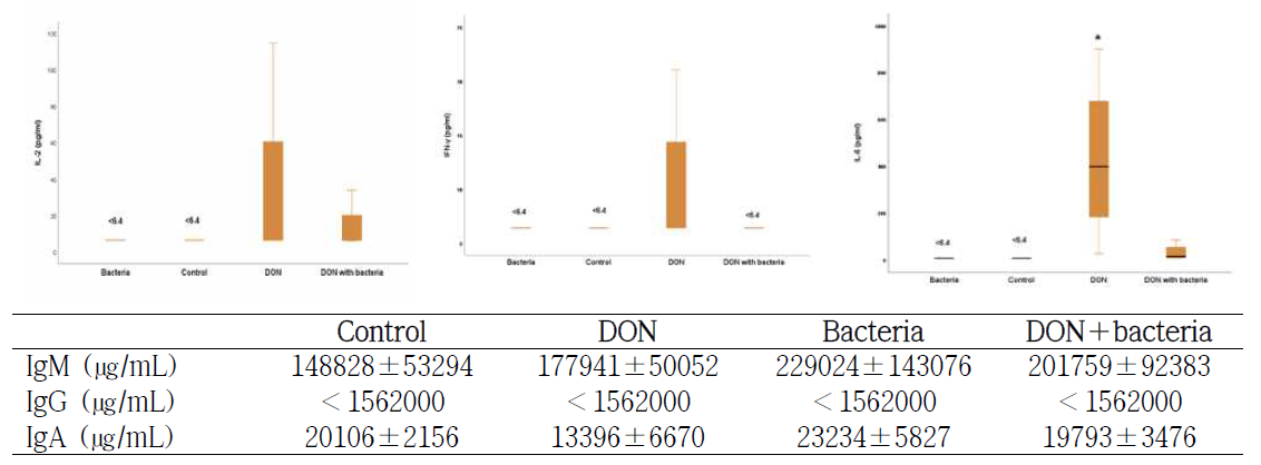 마우스의 혈중 IL-2, IFN-γ, IL-6 분석 결과