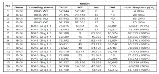 8045 순계에 GI-g1과 GI-g3 gRNA삽입 재분화 개체의 변이 여부 확인