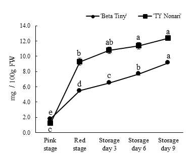 성숙 및 저장기간에 따른 ‘Beta Tiny’와 ‘TY Nonari’ 방울토마토의 라이코펜 함량