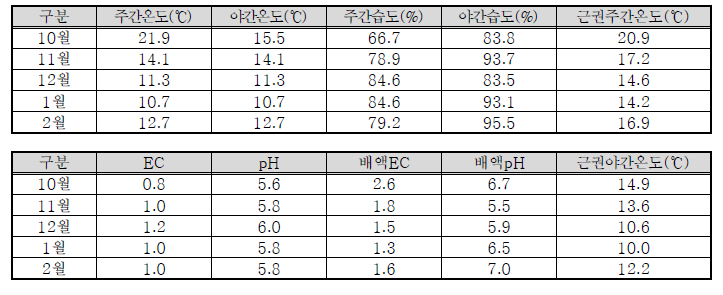 스마트팜 딸기 재배 E농가의 지상 및 지하부 환경 관리 기준