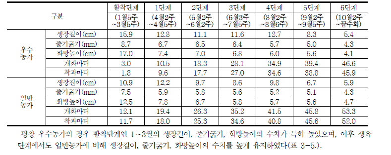 평창 파프리카 재배 우수농가와 평균농가의 생육관리 비교