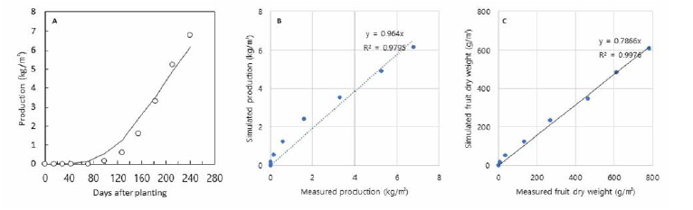 협동기관에서 수집된 딸기 데이터의 정식 후 일수에 따른 생산량과 생육모델의 생산 량 예측(A)，실제 생산량과 예측생산량 1:1비교(B)，실제 생식기관 생장량과 예측된 생식기관 생장량 1:1비교(C)