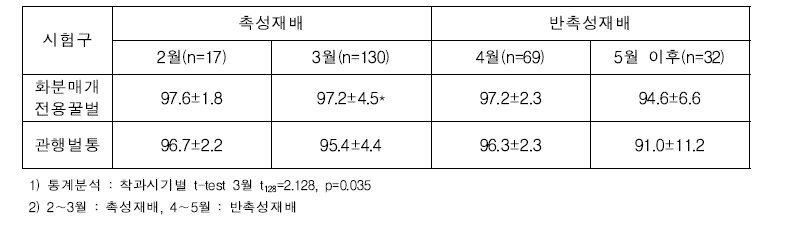 착과시기별 관행 벌통과 표준화 화분매개 벌통 간 수박 착과율